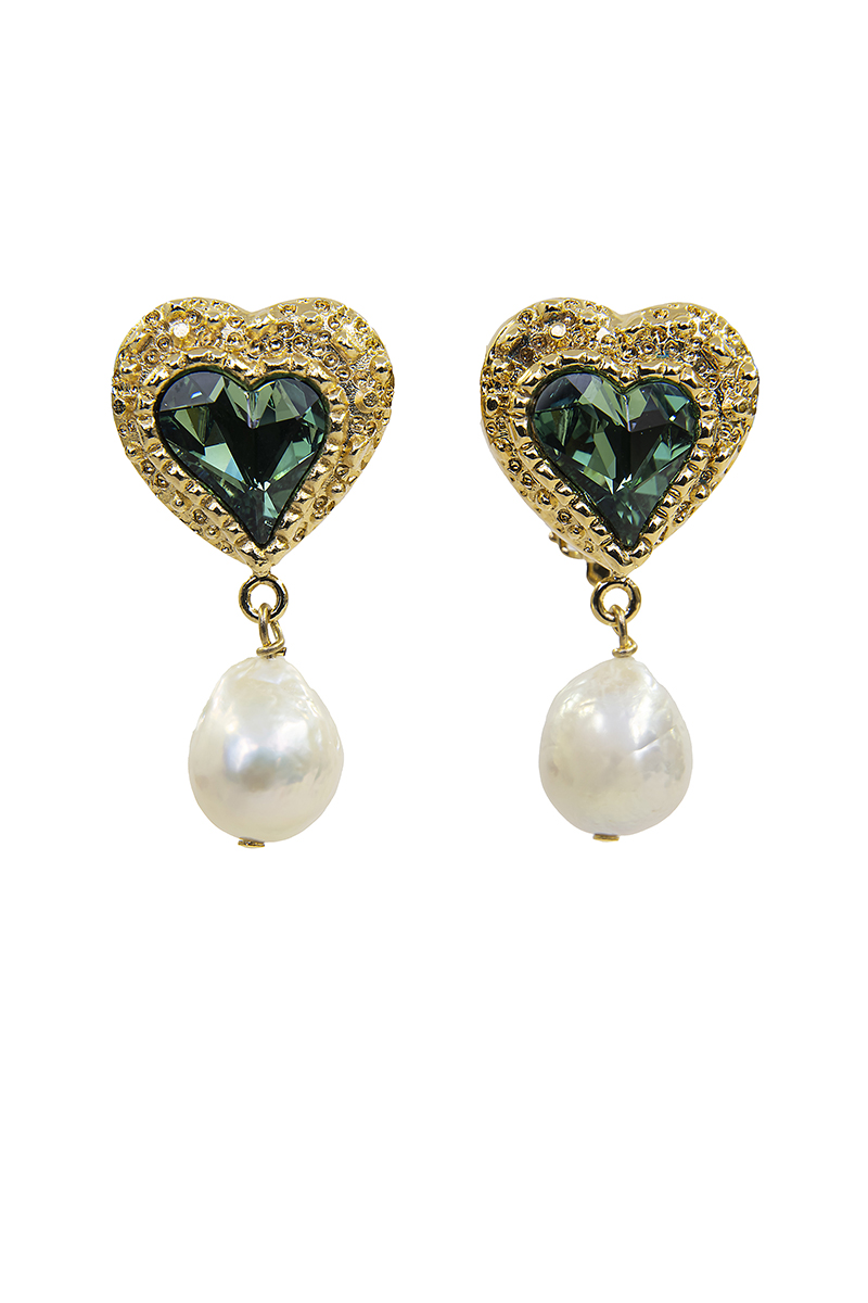 SafSafu］Eden Love ハートモチーフイヤリング-グリーン/ゴールドを