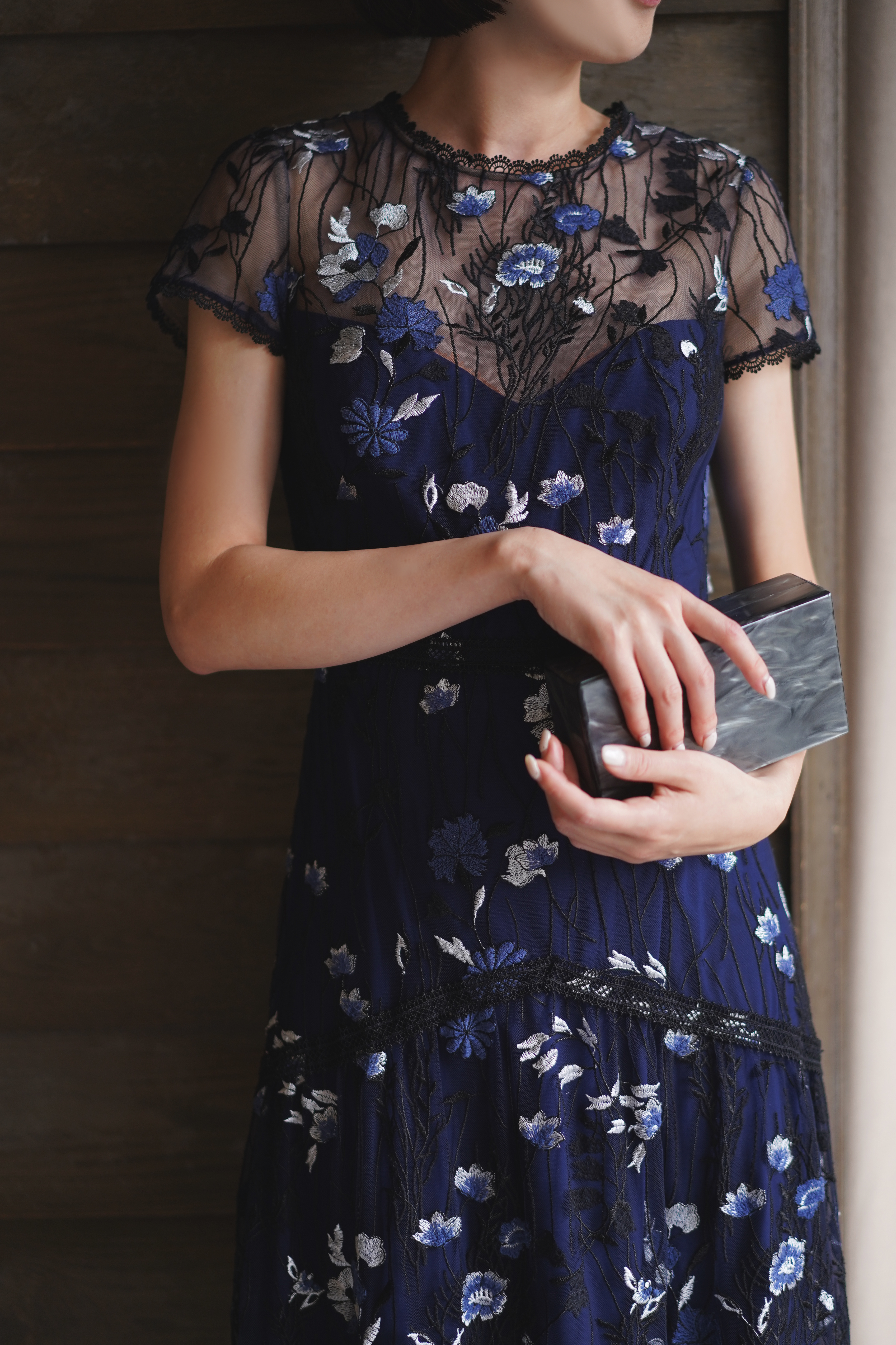 ML Monique Lhuillier｜半袖フローラルレース ロングドレス(40