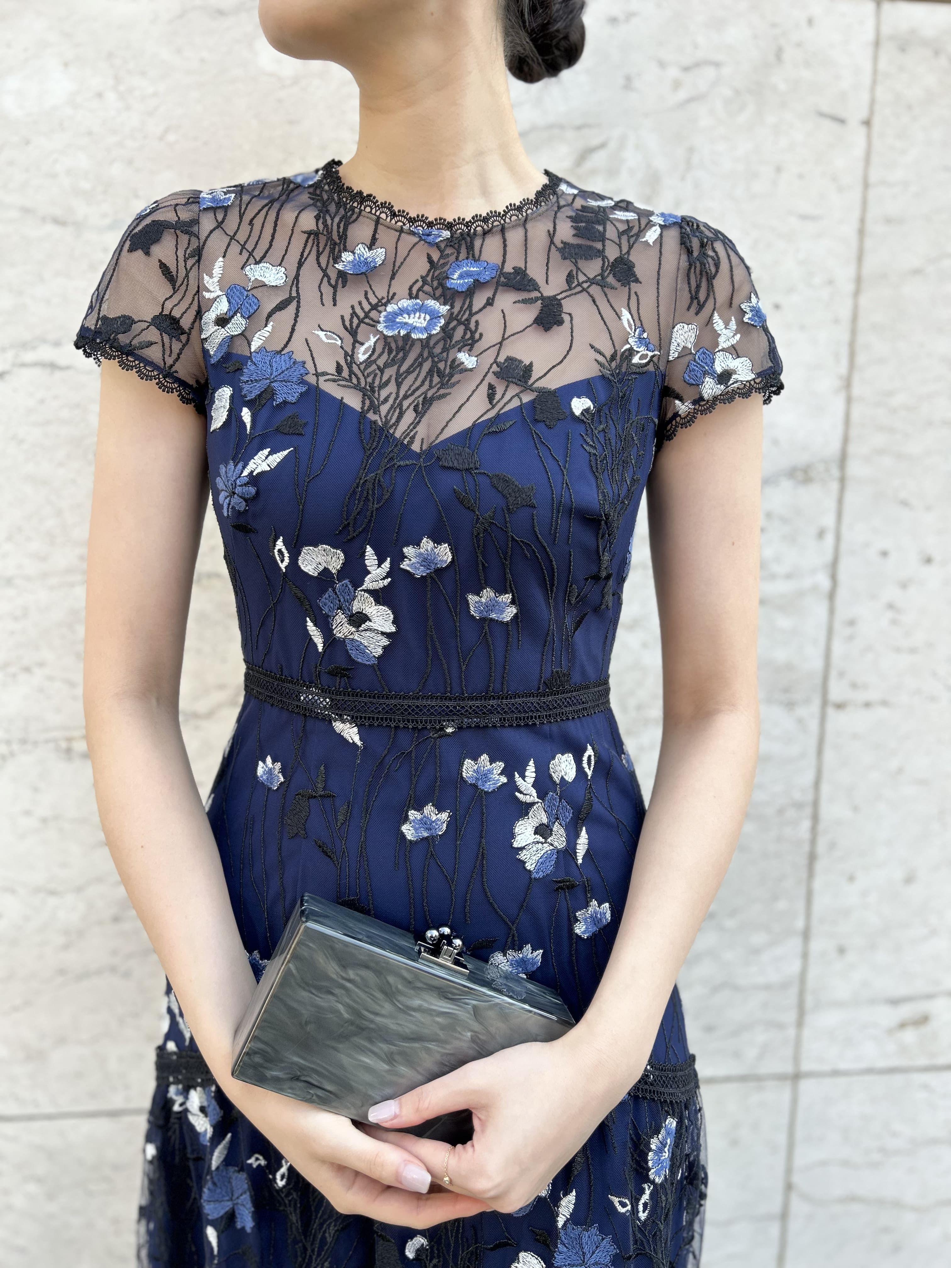 ML Monique Lhuillier｜半袖フローラルレース ロングドレス(40