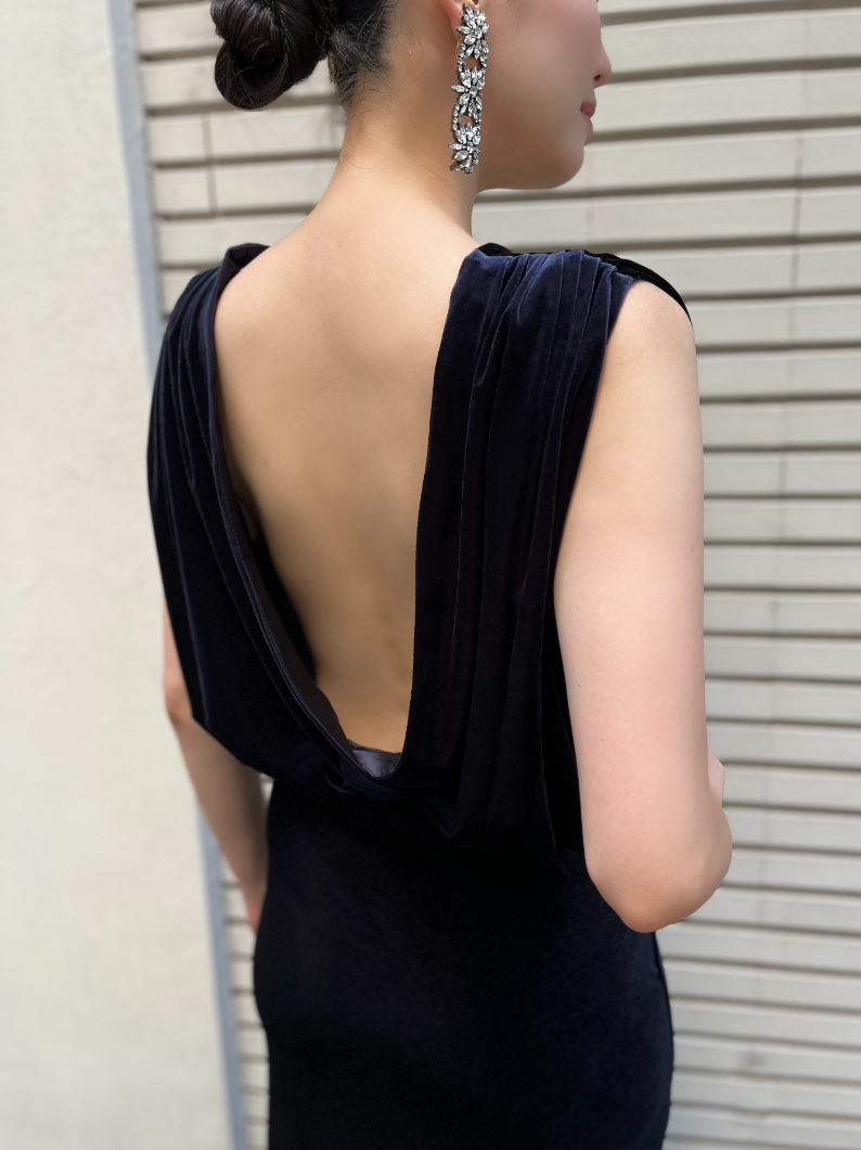RANS ネイビー ベルベット ドレス S Blanca Vita｜オープンバック ベルベットドレス-ネイビー を