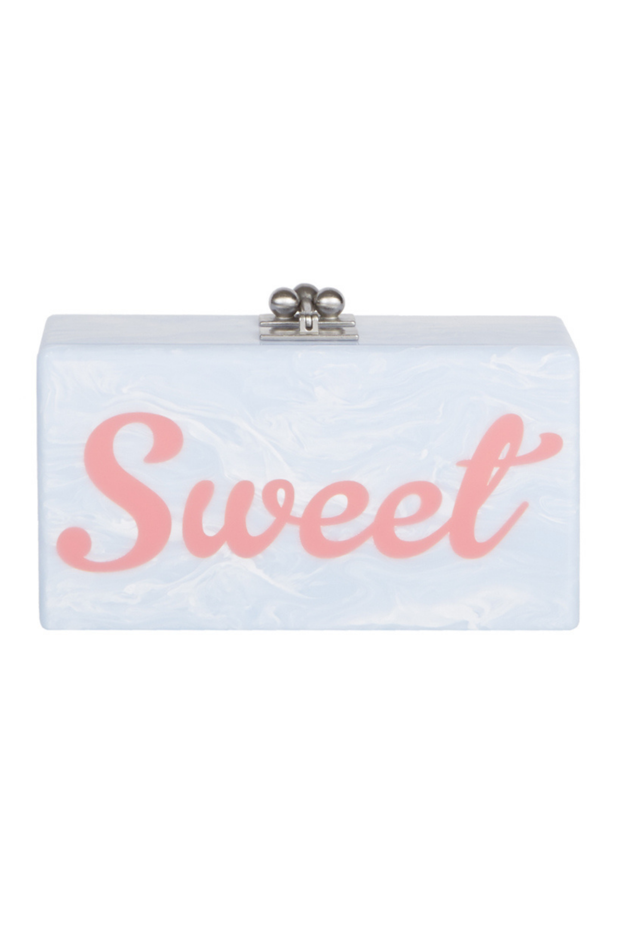ピンクでプリントされたSWEETのロゴが目を惹く、ブルーの長方形クラッチバッグ。